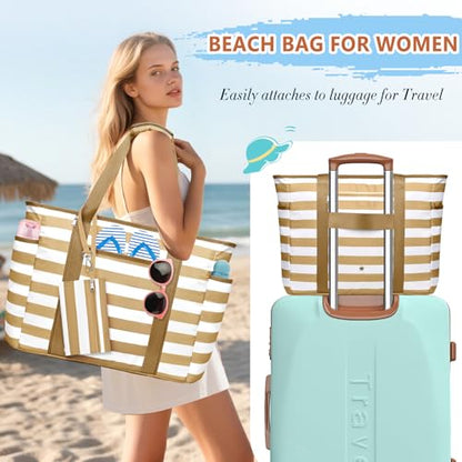 Extra Large Beach Bags for Women, Waterproof Sandproof Beach Tote Bag Foldable Swim Pool Bag with Zipper and Wet Pocket - color: Brown White