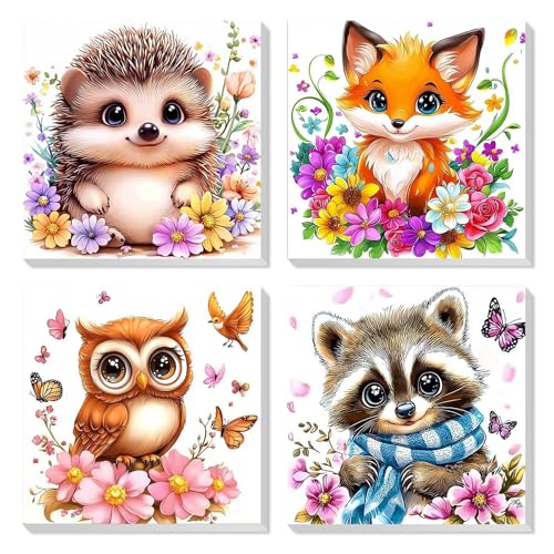 QENSPE 4 Pack Paint by Numbers with Wooden Frame, Cute Animals Painting by Number for Beginners, DIY Acrylic Oil Painting Kits Arts on Canvas, Home Wall Decor Gift 8X8 inch - color: Animals