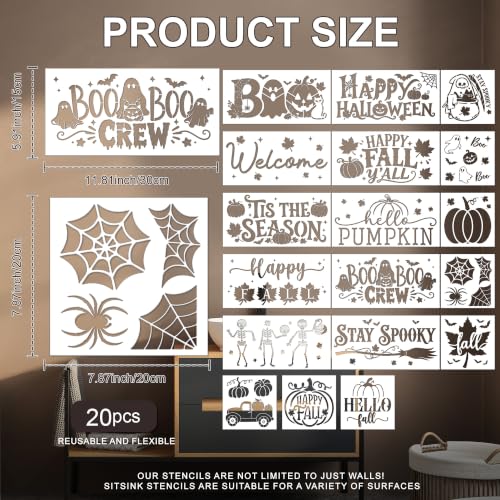 Sitsink Fall Stencils for Painting Pumpkin Maple Leaves Template Wall Mat | 20 reusable PET stencils,pumpkin maple leaf harvest autumn seasonal painting templates for DIY crafters mat rug wall canvas - style: hello fall