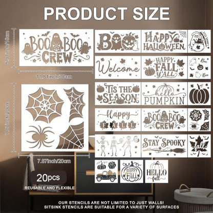 Sitsink Fall Stencils for Painting Pumpkin Maple Leaves Template Wall Mat | 20 reusable PET stencils,pumpkin maple leaf harvest autumn seasonal painting templates for DIY crafters mat rug wall canvas - style: hello fall