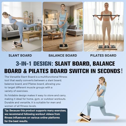Versatile Wooden Slant Board, Convertible to Balance & Pilates Board, Adjustable Angles, Includes Full Pilates Kit, Supports Up to 360lbs, Calf Stretch, Squats, Knee, Ankle, Heel & Leg Training