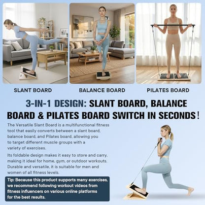 Versatile Wooden Slant Board, Convertible to Balance & Pilates Board, Adjustable Angles, Includes Full Pilates Kit, Supports Up to 360lbs, Calf Stretch, Squats, Knee, Ankle, Heel & Leg Training