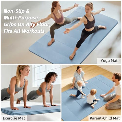 Foldable Yoga Mat Extra Large (74.0" x 47.2" x 0.4") | Double-Sided Non-Slip,Extra Wide Foldable Design,10mm Extra Thick ,Exercise Mat for Gym, Studio, Travel, Home Use - color: Blue Gray