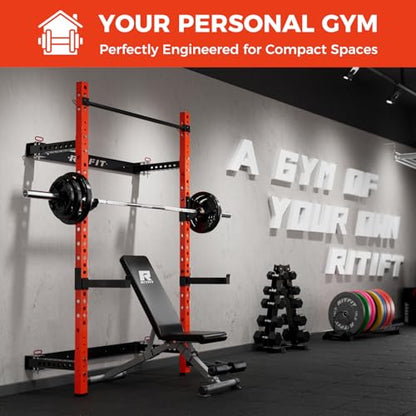 RitFit 2.36'' x 2.36'' Folding Squat Rack for Home Gym, Wall Mounted Squat Rack with Attachments - Space Saving Squat Power Rack - color: Orange, style: Folding Squat Rack with RP85LBS
