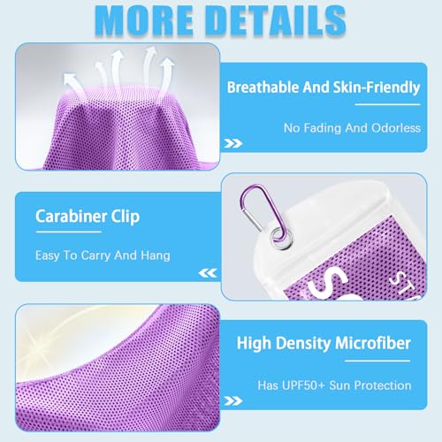 SOYOK 4 Packs Cooling Towels, 40" x 12" Cooling Towels for Neck and Face | High-density microfiber,Soft Breathable,Portable,Reusable, Waterproof Bag,Carabiner,for Running, Yoga, Travel, Climb - color: Light Blue/Light Grey/Purple/Royal Blue