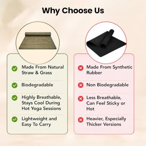 LFH Home Handmade Straw Yoga Mat For Exercise, Workout, Fitness - Perfect Heavy Quality Eco Friendly Natural Straw Reversible Yoga Mat for Men & Women - 72x24 Inch - color: Military Green