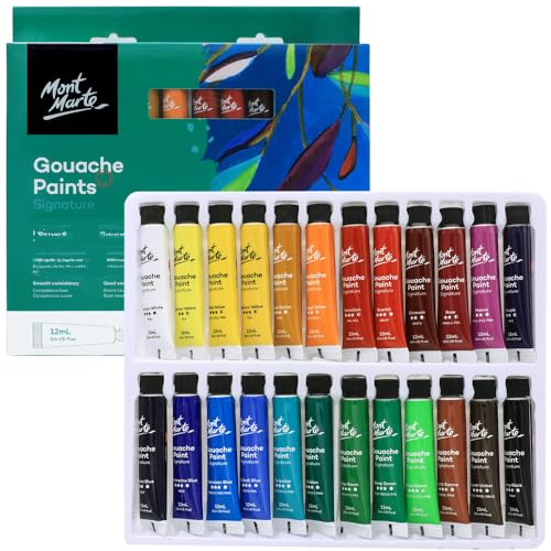 Mont Marte Signature Gouache Paint, 24 x 0.4oz (12ml), Semi-Matte Finish, 24 Colors, Suitable for use with Canvas, Watercolor Paper, Watercolor Paints and Mixed Media - size: 24 Colors (0.4 fl oz per color)