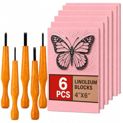 Oh Klyzo 5 Pcs Linocut Carving Tools Plus 6 Pcs 4"x6" Soft Rubber Linoleum Blocks for Printmaking Stamp Carving Wood Linocut Tools V-Shaped Chisels for Beginner Artist Block Printing Craft