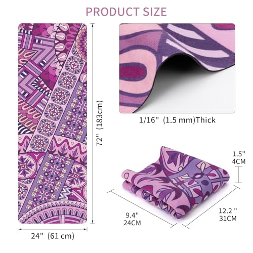 Travel Suede Yoga Mat 1.5mm Thick Non Slip Foldable Lightweigh Sweat Absorbent Exercise Mat for Hot Yoga Pilates Home Gym Outdoor, 72"L x 24"W, 3 lbs - color: Purple