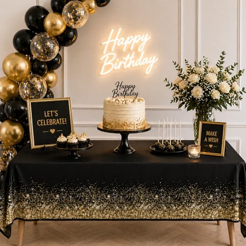 Blue Orchards Black Gold Tablecover (Pack of 3) 108" x 54" – Elegant Party Decoration, Backdrop, Accent, Black and Gold Glitter Tablecloth for Parties, Birthday, Graduation, Wedding & Events - color: Black Gold (Pack of 3)