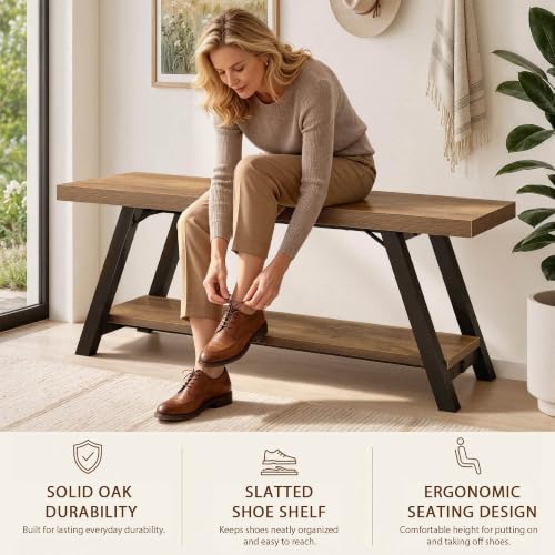 LVB Entryway Bench with Storage, Wood Bench for Entryway, 47 in - color: Rustic Oak
