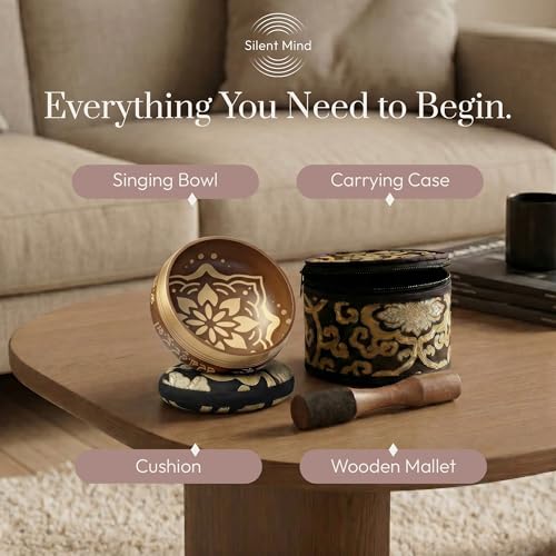 Silent Mind Tibetan Singing Bowl Set – Easy to Play & Beginner Friendly Meditation Bowl with Cushion, Mallet & Case | Stress Relief & Mindfulness | Gift-Ready - color: Matte Gold, size: With Case
