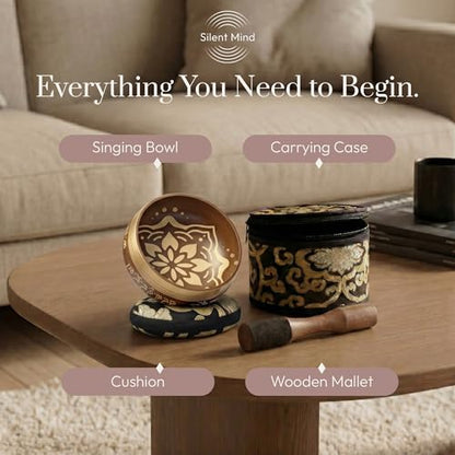 Silent Mind Tibetan Singing Bowl Set – Easy to Play & Beginner Friendly Meditation Bowl with Cushion, Mallet & Case | Stress Relief & Mindfulness | Gift-Ready - color: Matte Gold, size: With Case