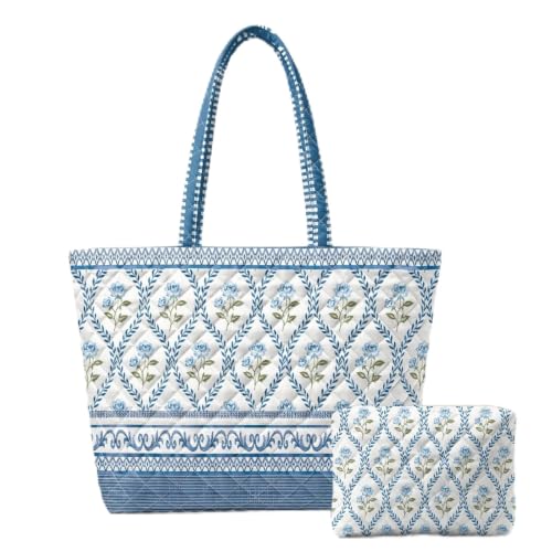 Quilted Tote Bag 2 Pack, Women's Tote Handbags for Work Travel - color: Pale Indigo Blue