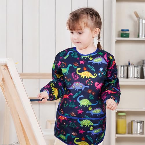 Kids Art Smocks Dinosaur Painting Aprons for Children Waterproof Artist Smock with Long Sleeve and 3 Pockets for Age 3-8 Years (Navy-blue) - color: Dinosaur (Blue)