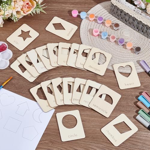 BENECREAT 21 Shapes Wood Geometry Stencils, 3.5x2.7 Inch Reusable Drawing Stencil Template Tool Set for Chalk Paintings and Acrylic Paintings, Wood Stencils for DIY Crafts, Shape Recognition Card