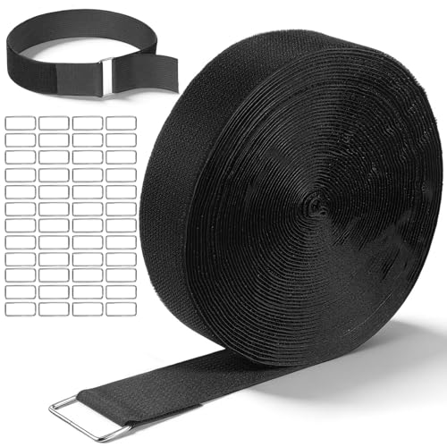 Hook and Loop Straps, 2'' x 49ft Fastening Cinch Straps with 50 Metal Buckles, Cut to Length, Heavy Duty, Reusable Cable Strap, Cord Strap for Storage and Organization