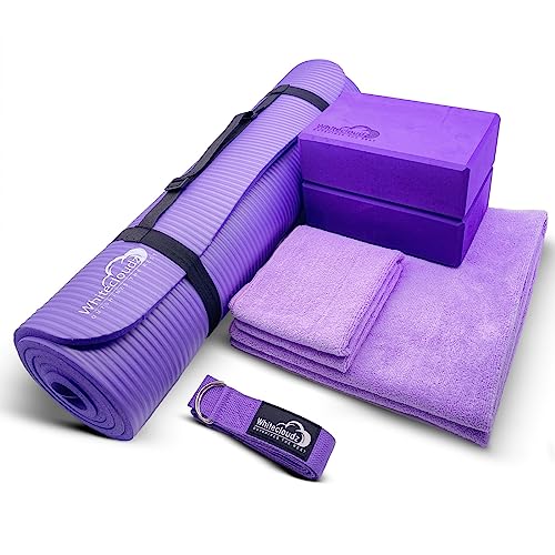 WHITECLOUDZ Yoga kit, 7-Piece Yoga Mat Set for Home Workouts, Thick Yoga Mat, Yoga Blocks, Strap, Yoga Towels & Carrying Bag, Exercise Mat with Yoga Equipment for Women & Men, Enhance Yoga Practice - color: Purple