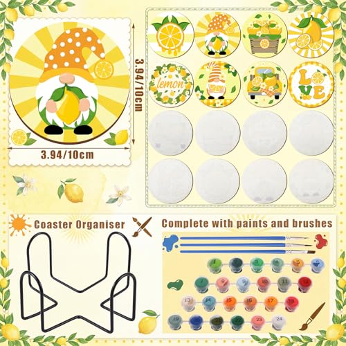 Reallnaive 8 Pcs Lemon Paint by Numbers Kit for Adults Wooden Coasters | Mini Paint by Numbers, Tiny Yellow Gnome Round Oil Painting Drink Coaster with Holder, for Small DIY Craft Birthday Gift - style: Lemon