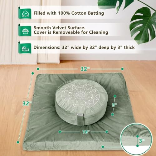 Hihealer Meditation Cushion, Traditional Tibetan Velvet Meditation Pillow | Buckwheat Yoga Bolster, Large Floor Cushion & Pillow for Adults, Zafu Zabuton Set, Zen Meditation Mat - color: Serenity Green(set)