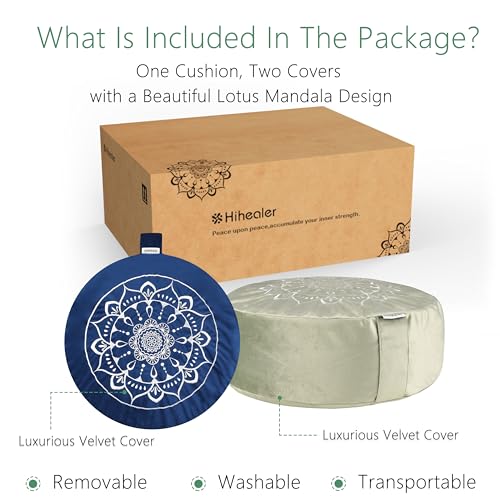 Hihealer Meditation Cushion, Traditional Tibetan Velvet Meditation Pillow | Buckwheat Yoga Bolster, Large Floor Cushion & Pillow for Adults, Zafu Zabuton Set, Zen Meditation Mat - color: Serenity Navy & Green