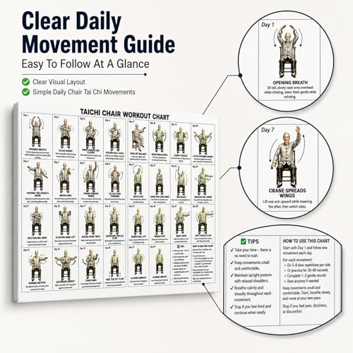 dzbBest Tai Chi Chair Workout Chart Canvas Wall Art, Gallery Wrapped, 12x16 | 29-Day Seated Exercise Guide • Solid Inner Wood Frame • Clear Step-by-Step Layout • Clean Frameless Edge Profile - color: Framed, size: 16"L x 12"W