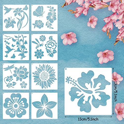 Zonon 16 Pcs Stencils for Painting, DIY Craft Templates, 5.1 x 5.1 Inch | Summer Reusable Painting Stencils for Wall Wood Canvas Crafts, Flower Butterfly Hummingbird Designs, Metal Open Rings - size: 5.1 x 5.1 Inch