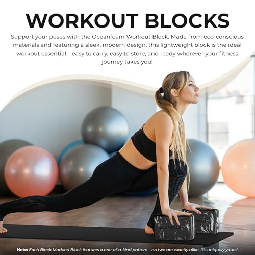 Oceanfoam Workout Block - High-Density Foam Exercise Block, Lightweight, Non-Slip for Stability & Support in Pilates, Yoga, Stretching & More - Algae-based EVA Foam, 9"x6"x4" (Black Marbled) - color: Black Marbled