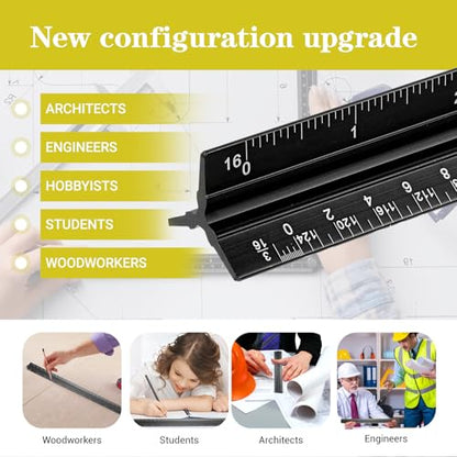 10 Pcs Architectural Scale Ruler 12" Imperial Architect Engineers Scale Triangular Ruler Aluminum Alloy Metal Triangle Drafting Rulers Measuring Tools for Architect Engineer Draftsman Artists (Black)