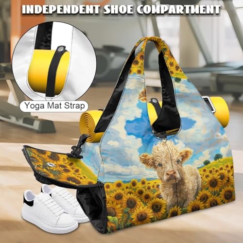 Yoga Mat Bag for Men Women Canvas Yoga Mat Carrier Take In Out Mat Easily for Beach Swim Bags Pool Sports Gym - color: Highland Cattle yellow