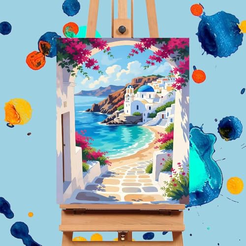Mrnsiet Paint by Number for Adults Beginners, Easy Seaside Town Paint by Numbers Kits on Canvas, DIY Coastal City Oil Painting Kits Adults' Paint-by-Number Kits for Home Wall Decor 16x20 Inch - color: MT22397-US