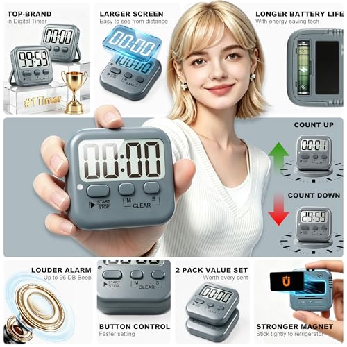 Antonki 2 Pack Digital Timer for Kids Classroom Kitchen Timers for Cooking | w/ Battery, Easy to View, Alarm, Mute Mode, Count Down/Up, Magnetic, Kickstand, Hanging, Classroom Timer for Teacher Supplies - color: Space Grey