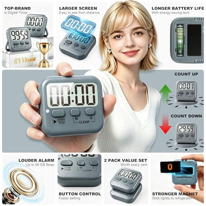 Antonki 2 Pack Digital Timer for Kids Classroom Kitchen Timers for Cooking | w/ Battery, Easy to View, Alarm, Mute Mode, Count Down/Up, Magnetic, Kickstand, Hanging, Classroom Timer for Teacher Supplies - color: Space Grey