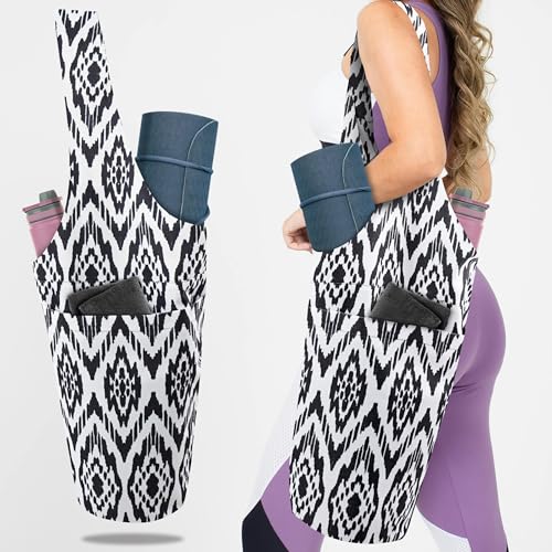 Yoga Mat Bag Yoga Tote Bag with Large Pocket and Zipper Pocket Yoga Mat Bag Carrier Fit Most Size Mats and All You Stuff - color: white black