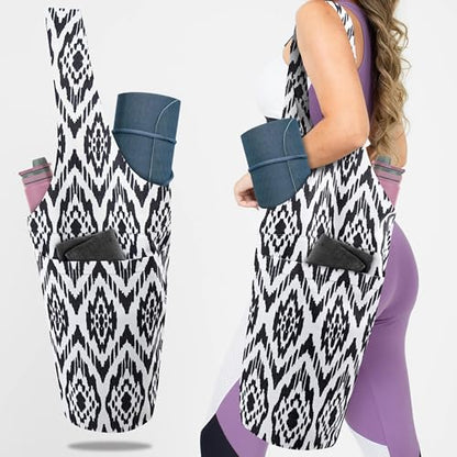 Yoga Mat Bag Yoga Tote Bag with Large Pocket and Zipper Pocket Yoga Mat Bag Carrier Fit Most Size Mats and All You Stuff - color: white black
