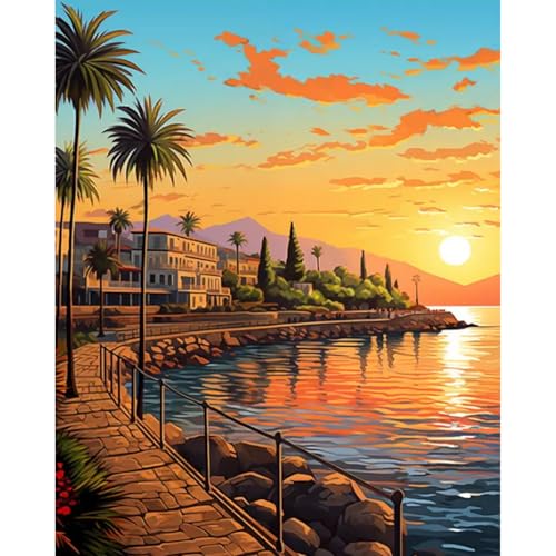Paint by Numbers Kit for Adults, Sunset DIY Painting Kit, 16x20 Inch | Coastal Paint by Numbers for Adults Beginners, Without Frame, Relaxing Hobby, Scenic Wall Art, Home Decor, Creative Gift - color: CYOP1P03