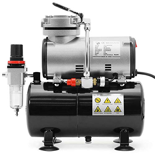 PointZero 1/5 HP Airbrush Compressor with Air Tank, Regulator, Gauge and Water Trap - Quiet Portable Pump Silver
