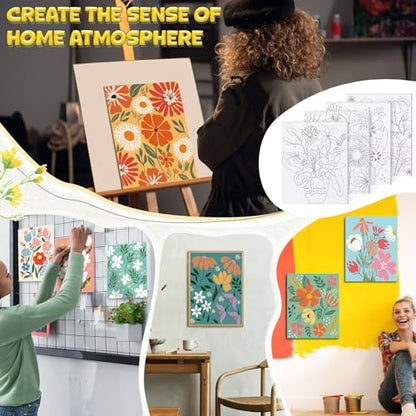 Sherr 96 Pcs 12 Sets Pre Drawn Canvas Kit for Painting Craft Sip and Paint Kit for Adults Pre Printed Canvas Painting Favor for DIY Birthday Gifts Adult's Date Party, 8 x 10 Inches(Flower) - style: Flower