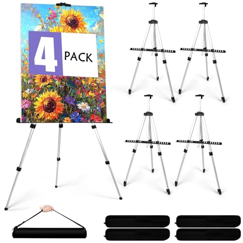 4 Pack Art Painting Artist Easel Stand Adjustable Portable Aluminum Metal Tripod Display Easel with 4 Bag Height from 20-66 Inches Tabletop Art Easel for Table-Top/Floor Drawing and Displaying,Silver