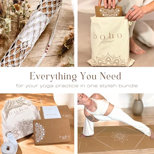 Complete Yoga Bundle with Premium Cork Yoga Mat, Stylish Carry Bag and Practical Cork Yoga Blocks Set with Strap and Storage Bag.