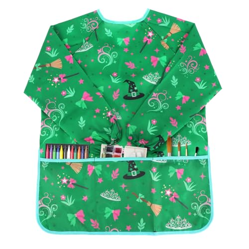 Kids Art Smocks Wicked Themed Painting Aprons for Children Waterproof Artist Smock with Long Sleeve and 3 Pockets for Age 3-8 Years (Green) - color: Witch (Green)