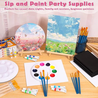 Canvas Painting Kit, 108Pcs Sip and Paint Kit for Adults Couples Date Night | 8x10 Inch Canvas with Easel Stands, Small Paint Brushes, Acrylic Paints Set Paint Party Supplies, Valentines Day Painting Kit