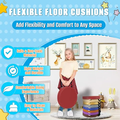 8 PCS 16 Inch Round Floor Pillows with Handles | Waterproof Synthetic Leather Flexible Seating Cushions | 16''x16''x2'' Thick Floor Cushions for Classroom, Home, Yoga & Meditation - color: Red, Yellow, Beige, Light Gray, Purple, Blue, Dark Brown, Black, s