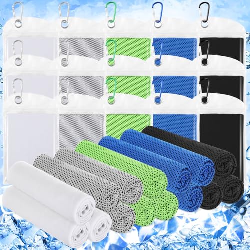 Hosuly 15 Pcs Cooling Towels 40" x 12", Colorful - color: Black, White, Light Gray, Dark Blue, Bright Green
