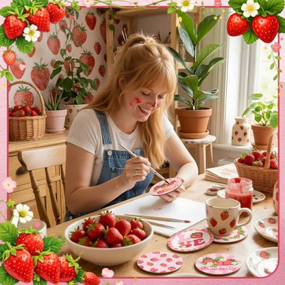 Reallnaive 8 Pcs Strawberry Paint by Numbers Kit for Adults Wooden Coasters | Mini Paint by Numbers, Tiny Pink Gnome Round Oil Painting Drink Coaster with Holder, for Small DIY Craft Birthday Gift - style: Strawberry