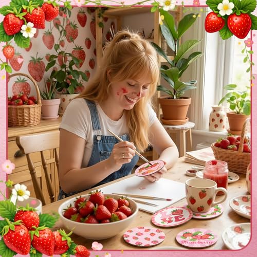 Reallnaive 8 Pcs Strawberry Paint by Numbers Kit for Adults Wooden Coasters | Mini Paint by Numbers, Tiny Pink Gnome Round Oil Painting Drink Coaster with Holder, for Small DIY Craft Birthday Gift - style: Strawberry