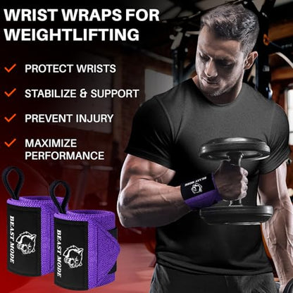 TECEUM Elastic Cotton Weightlifting Wrist Wraps with Thumb Loops, 1 Pair - color: Purple, style: 12" – Beast Mode