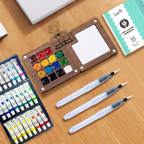 Mini Watercolor Paint Set, Portable 24-Color Travel Watercolor Kit with Brushes, Sketchbook & Copper Clip – Compact Pocket Watercolor Set for Artists, Beginners & Hobbyists