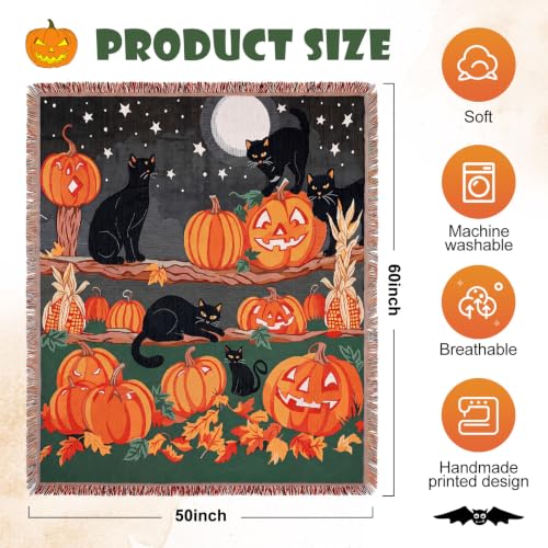 Moukeren 60 x 50 Inch Halloween Woven Tapestry Blanket with Pumpkin and Cat with Colorful Tassels for Couch Sofa Chair, and Wall Hanging Home Decor - style: Halloween Pumpkin