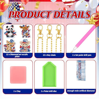 WILLBOND 30 Pcs 4th of July Animals Diamond Art Keychain Kits for Adults Independence Day Patriotic Diamond Painting Keyring Double Sided American Flag Red White Blue Hanging Ornaments for DIY Crafts - color: 4th of July